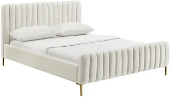 Starlight Canyon Home Beige Full Size Velvet Bed Frame With Gold Legs And Channel Tufted Headboard