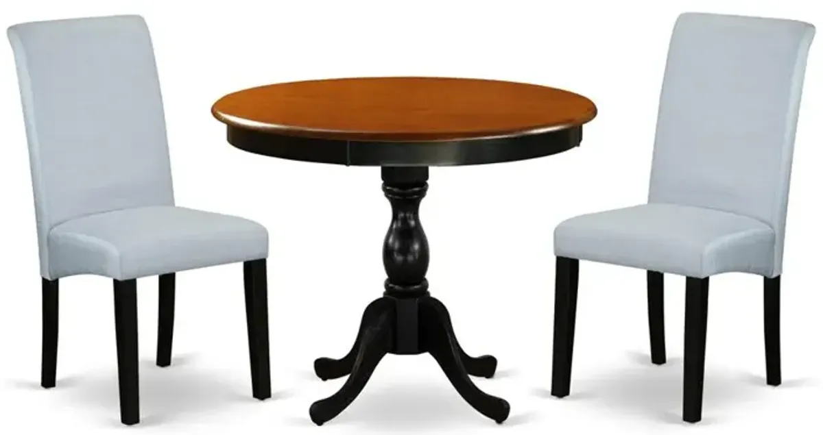 East West Furniture 3-Pc Kitchen Table Set Consists of a Wood Dining Table and 2 Grey Linen Fabric Kitchen Chairs with High Back - Black Finish