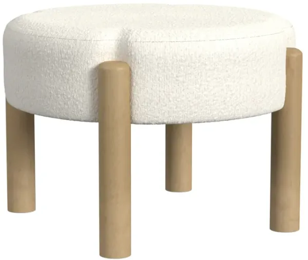 Eli 22 Inch Ottoman Footstool, Cream Boucle and Natural Brown Hardwood