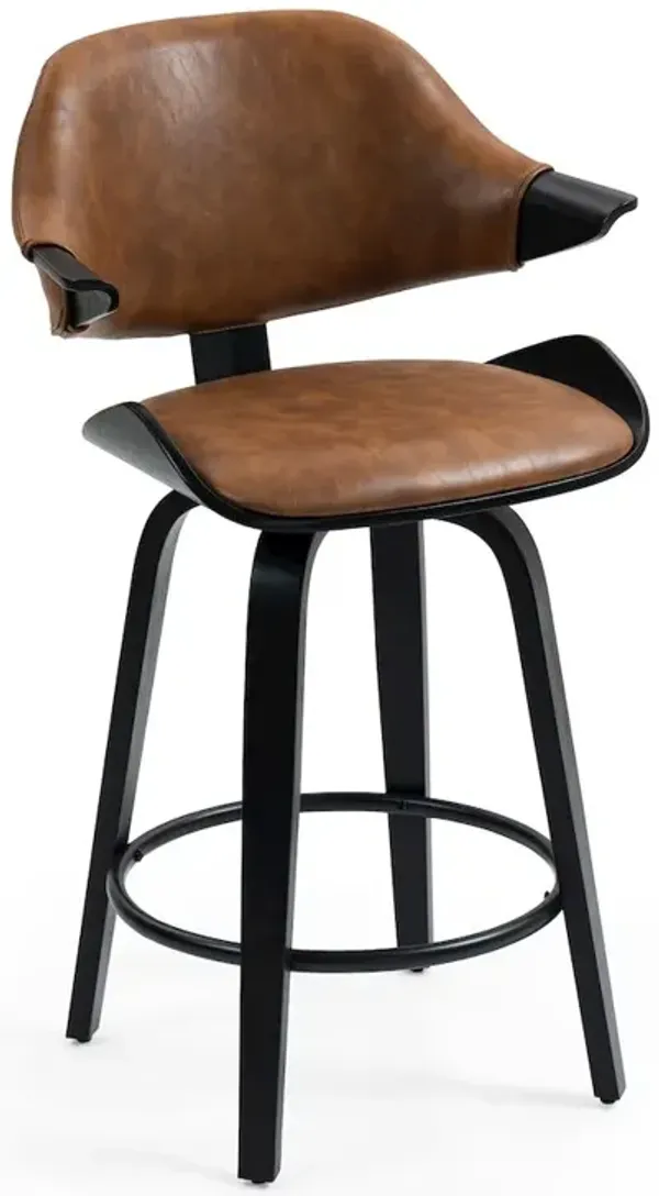 Glamour Home Set of 2 Bevelyn Vintage Brown Faux Leather Swivel Counter Stool Black Wood Legs