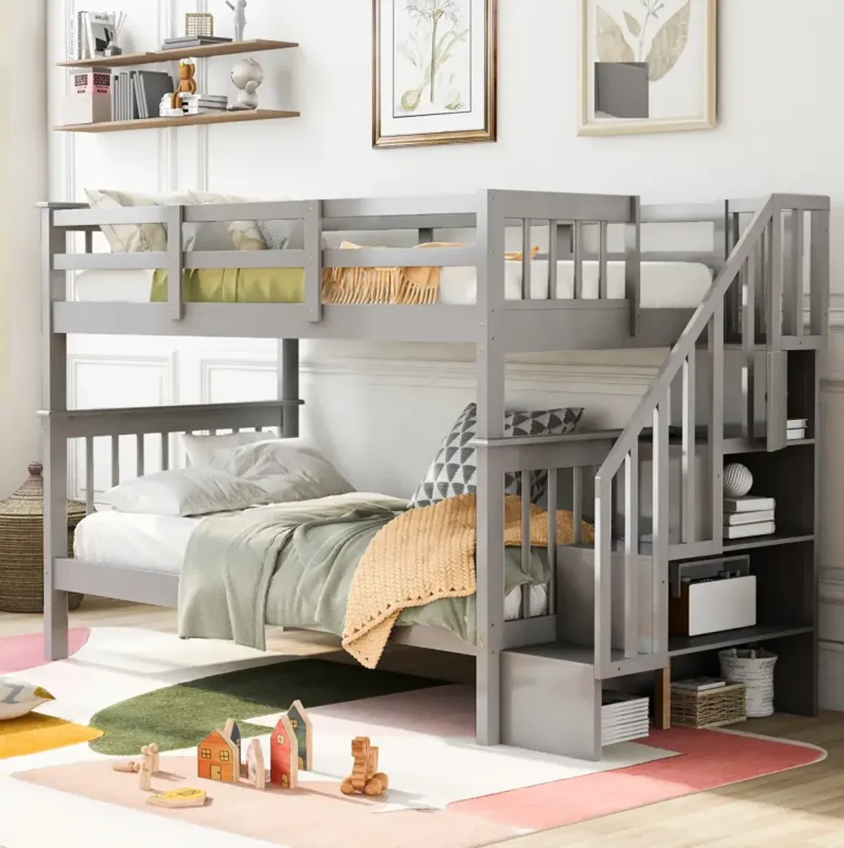 Stairway Twin-Over-Twin Bunk Bed With Storage And Guard Rail For Bedroom, Dorm