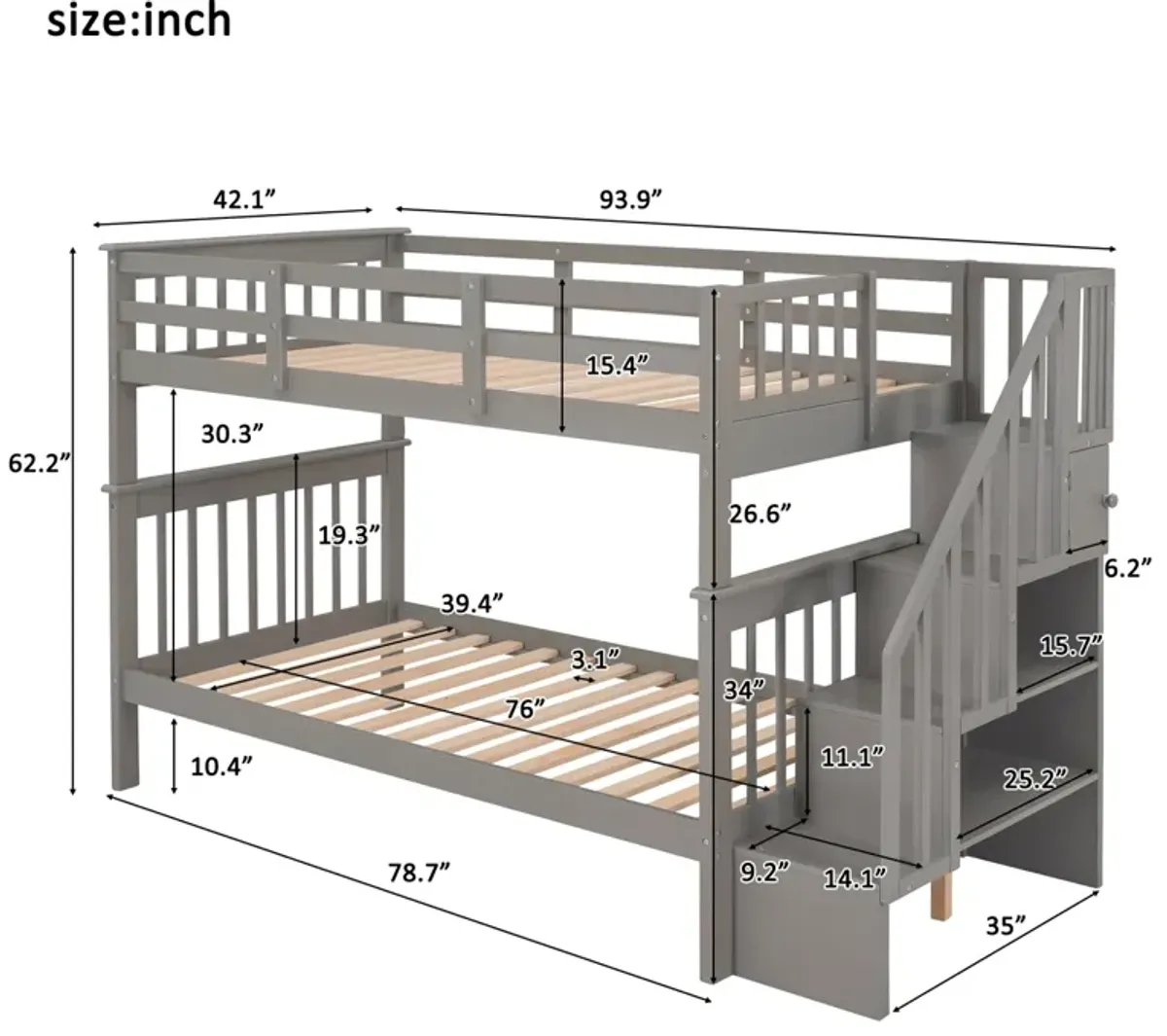 Stairway Twin-Over-Twin Bunk Bed With Storage And Guard Rail For Bedroom, Dorm