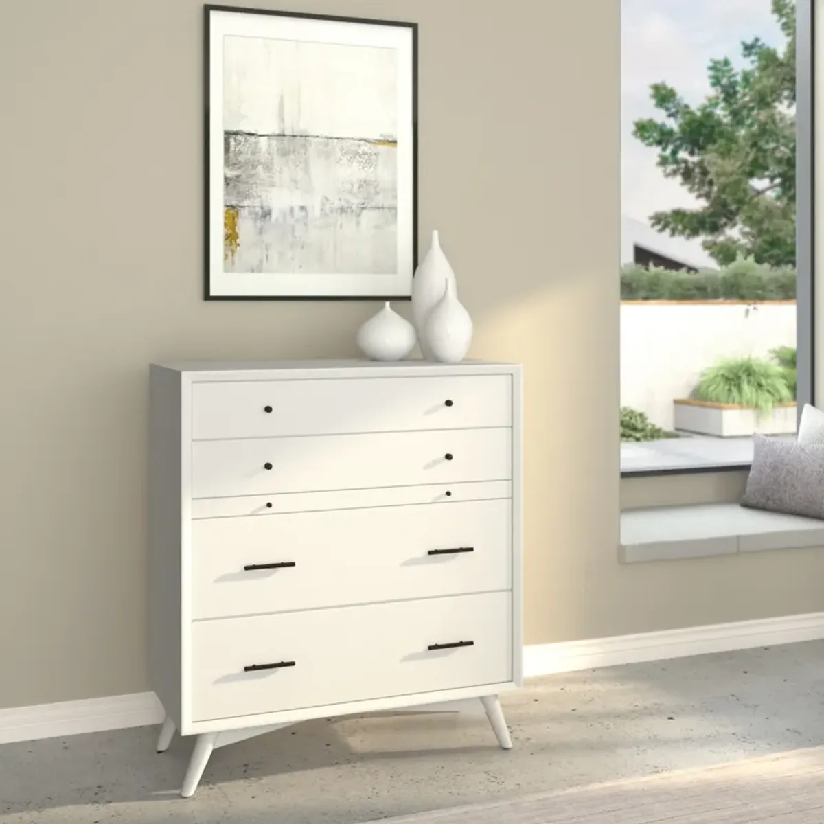 Flynn Mid Century Modern 4 Drawer Multifunction Chest w/Pull Out Tray, White