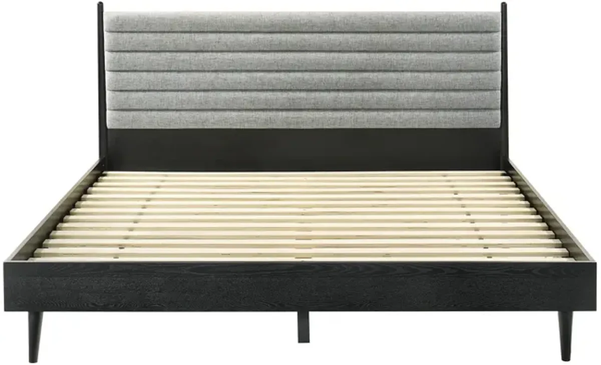 Benjara Mian King Platform Bed Frame, Channel Tufted, Black, Gray Upholstery