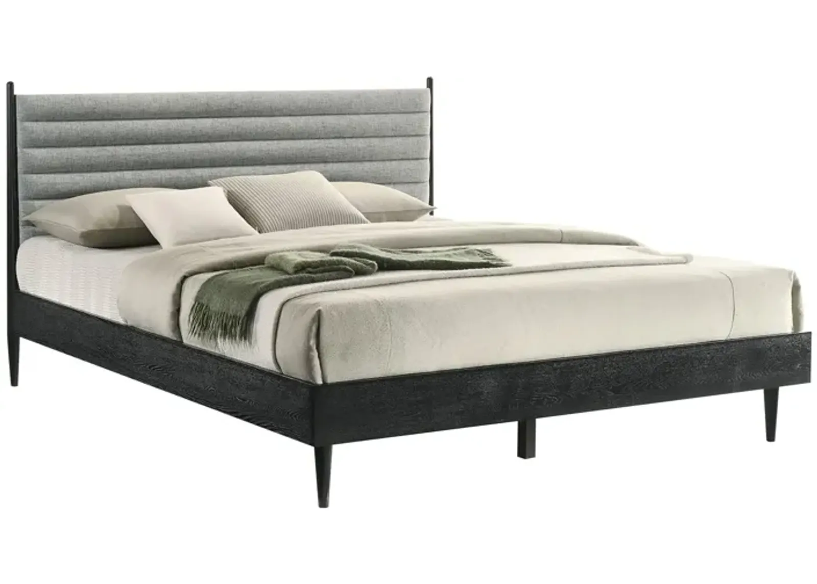 Benjara Mian King Platform Bed Frame, Channel Tufted, Black, Gray Upholstery