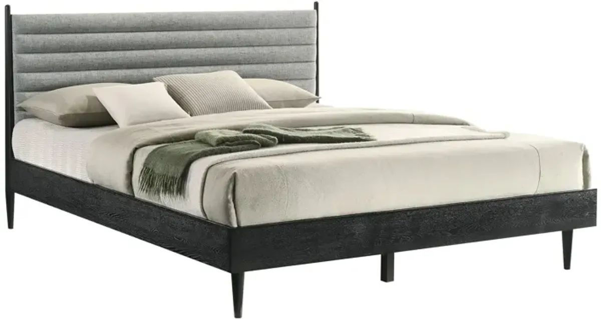 Benjara Mian King Platform Bed Frame, Channel Tufted, Black, Gray Upholstery