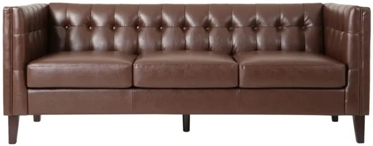 Ember Sofa Chesterfield Tufted Dark Brown Faux Leather Upholstery