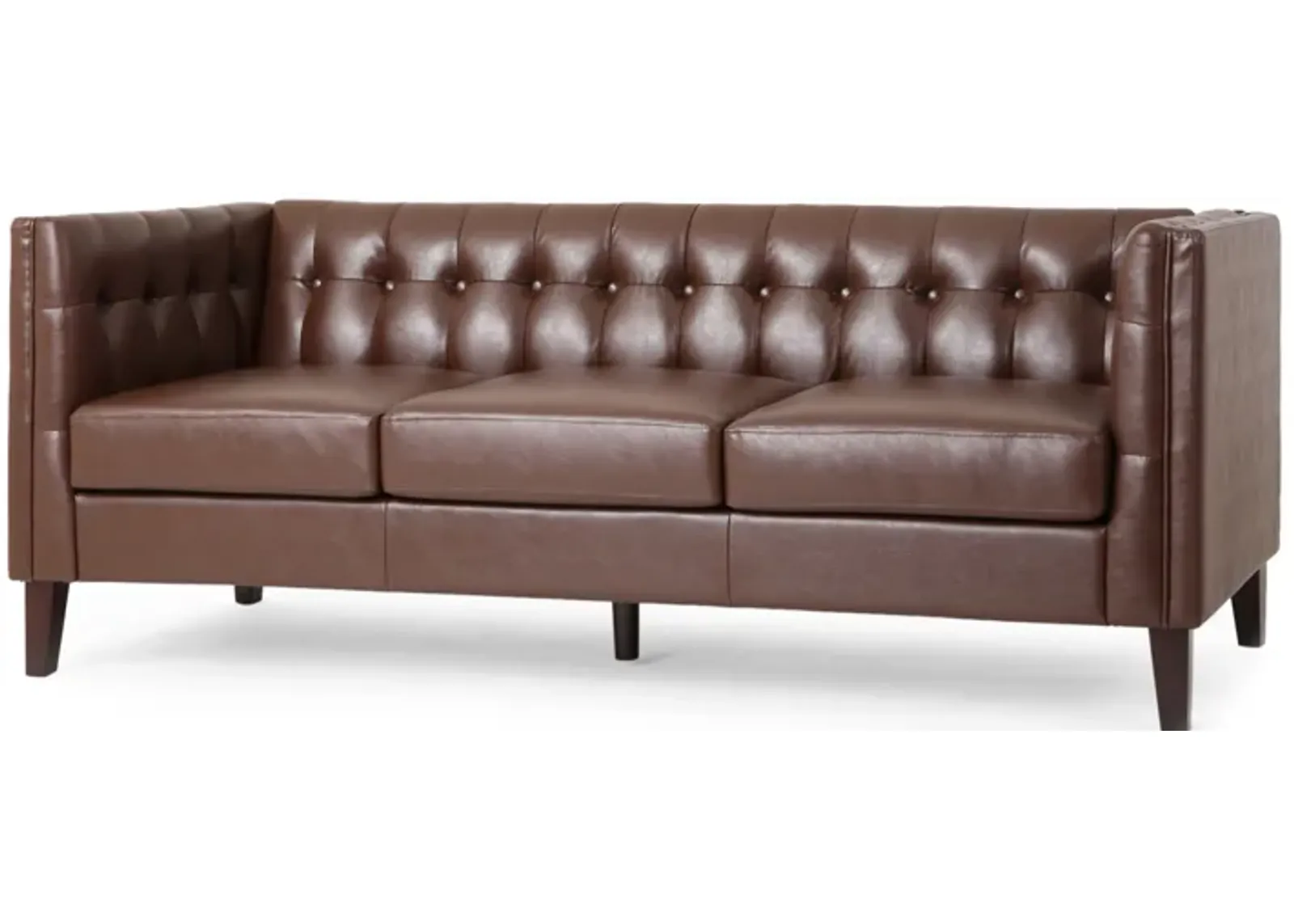 Ember Sofa Chesterfield Tufted Dark Brown Faux Leather Upholstery