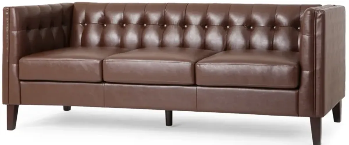 Ember Sofa Chesterfield Tufted Dark Brown Faux Leather Upholstery