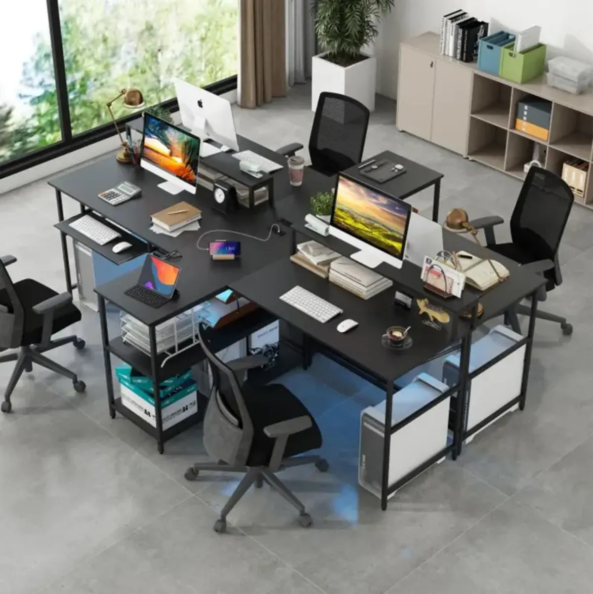 2-Person Reversible Computer Desk Long Office Desk with LED Lights