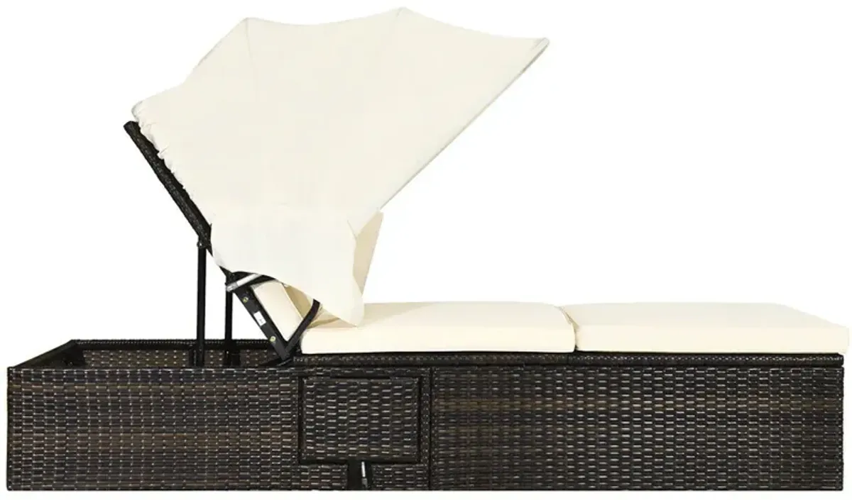 Chaise Cushioned Top Canopy Patio Rattan Lounge Chair with Tea Table