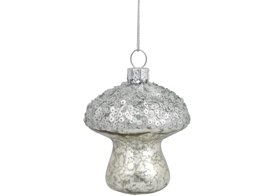 3.5" Sequined Silver Mushroom Glass Christmas Ornament