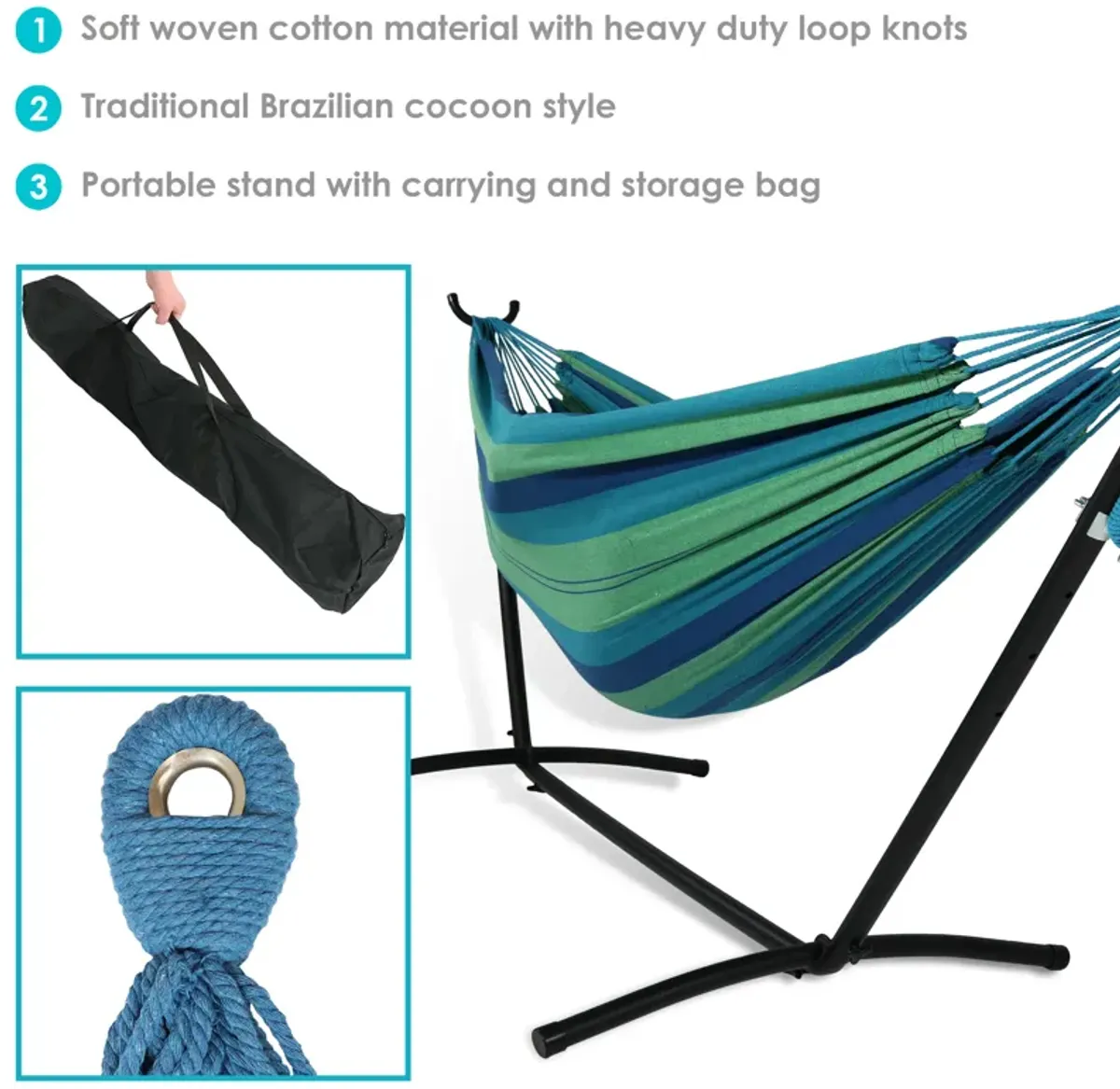 Sunnydaze Large Cotton Hammock with Steel Stand and Carrying Case