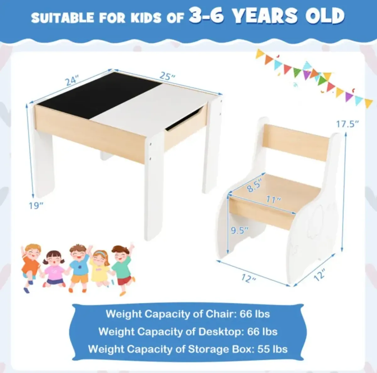 Hivvago 4-in-1 Wooden Activity Kids Table and Chairs with Storage and Detachable Blackboard-White