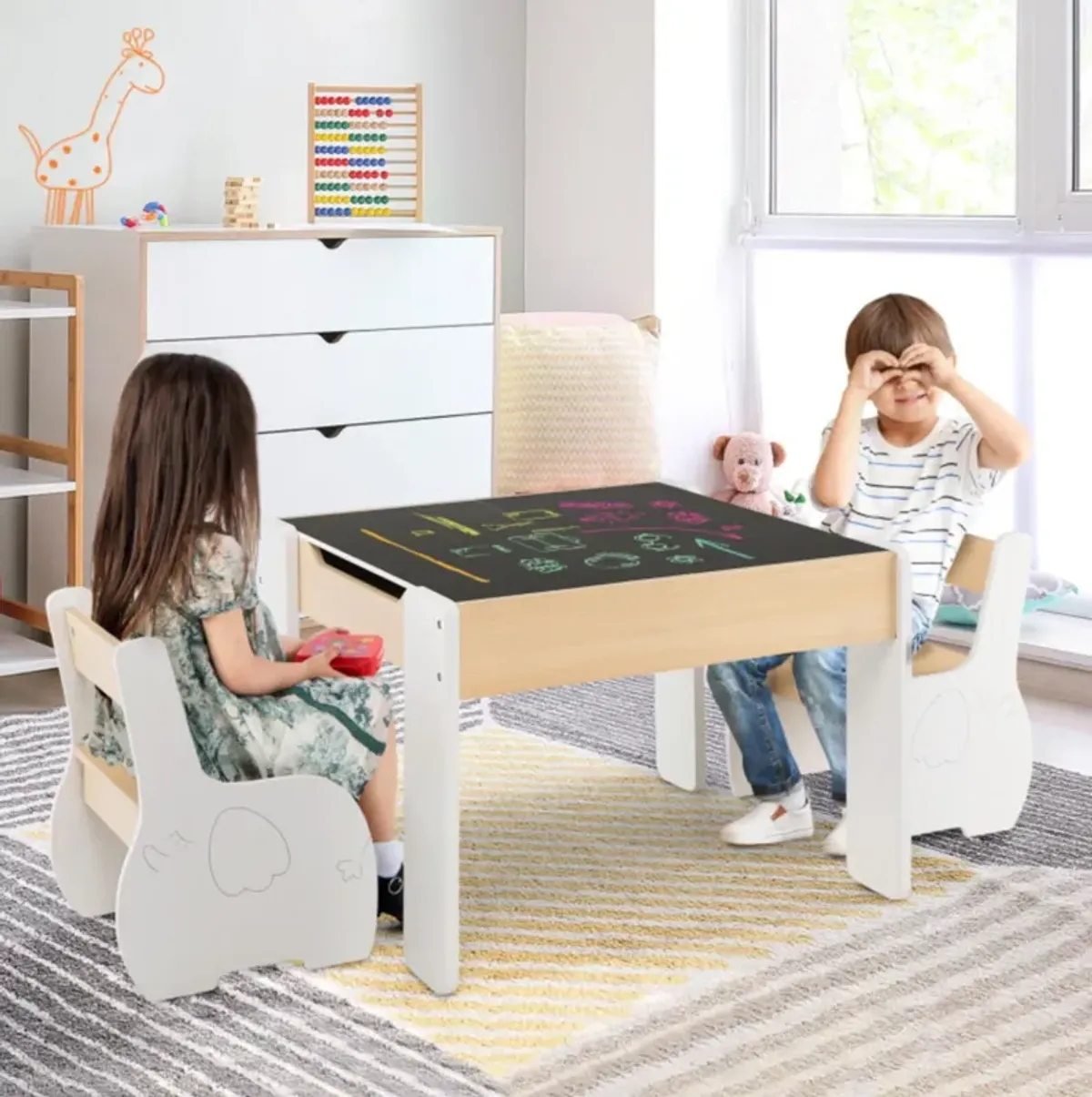 Hivvago 4-in-1 Wooden Activity Kids Table and Chairs with Storage and Detachable Blackboard-White