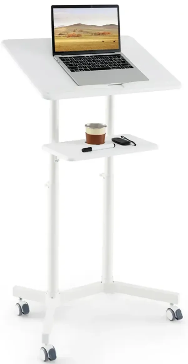 Mobile Lectern Podium Height-adjustable Rolling Laptop Cart with Tilting Top Storage Tray