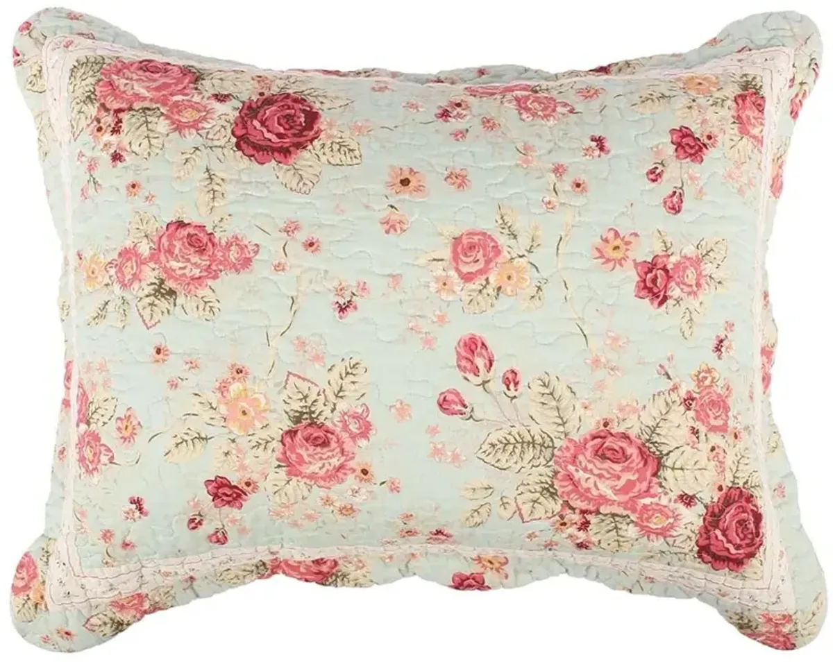 Greenland Home Antique Rose Floral Pinstripe with Dainty Scrolling Embellishments Sham Standard Blue