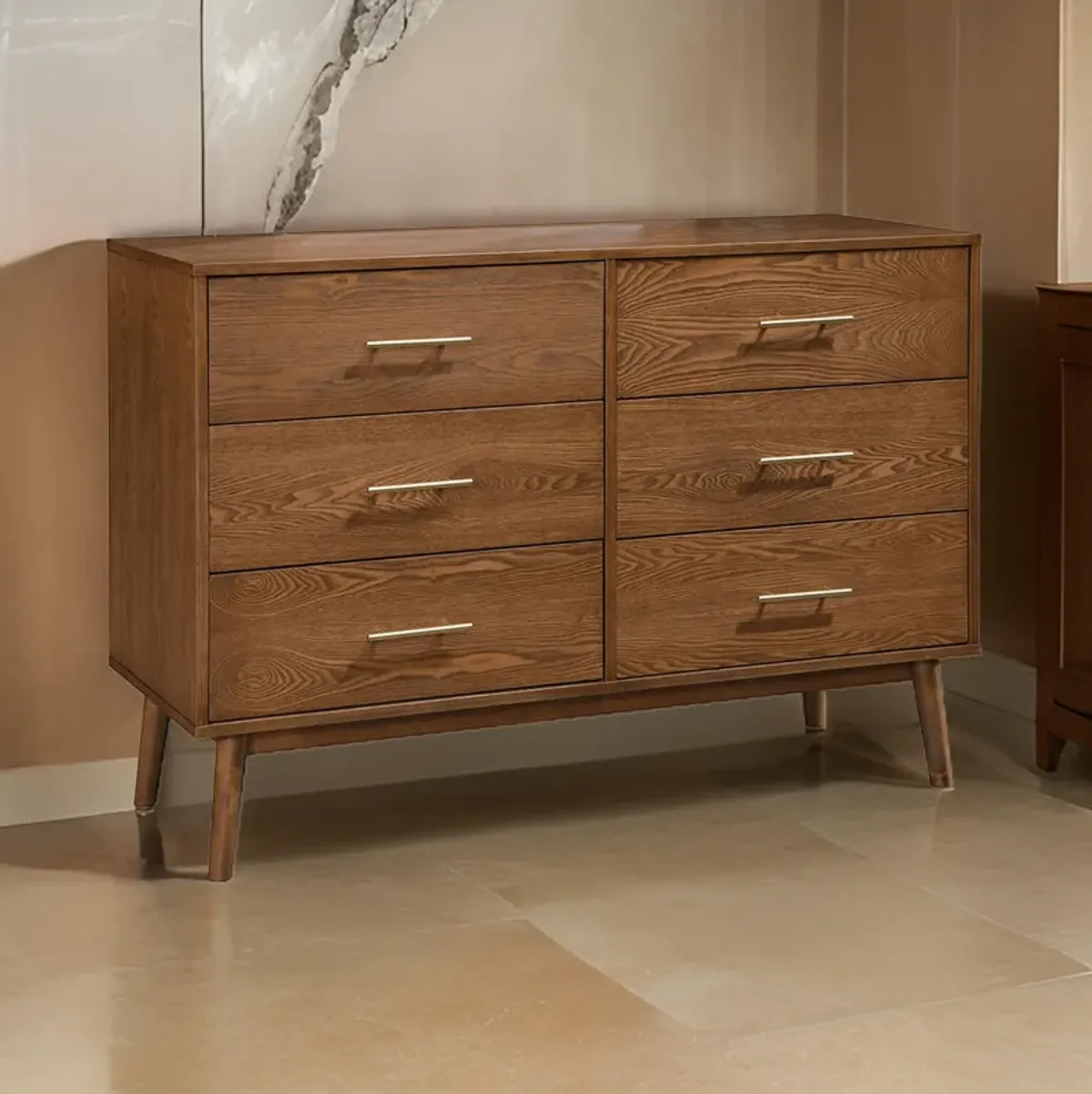 Roma 47 inch Wide Dresser, 6 Drawers, Nickel Handles, Walnut Brown Wood