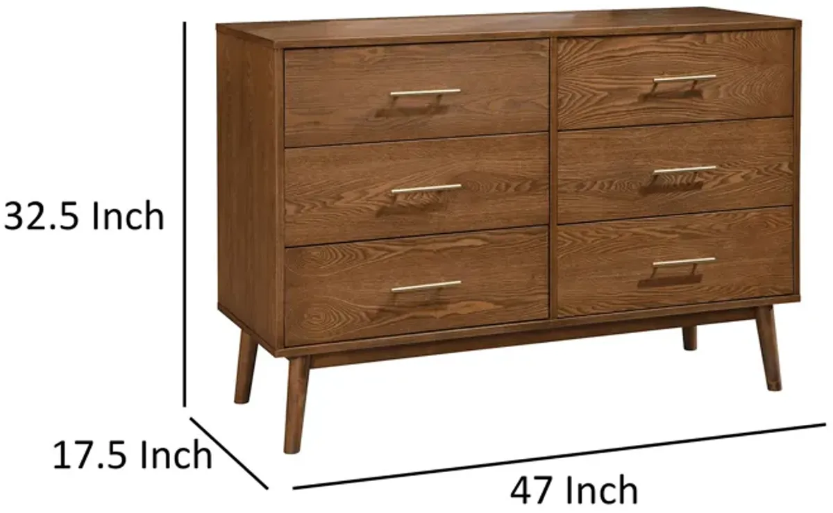 Roma 47 inch Wide Dresser, 6 Drawers, Nickel Handles, Walnut Brown Wood