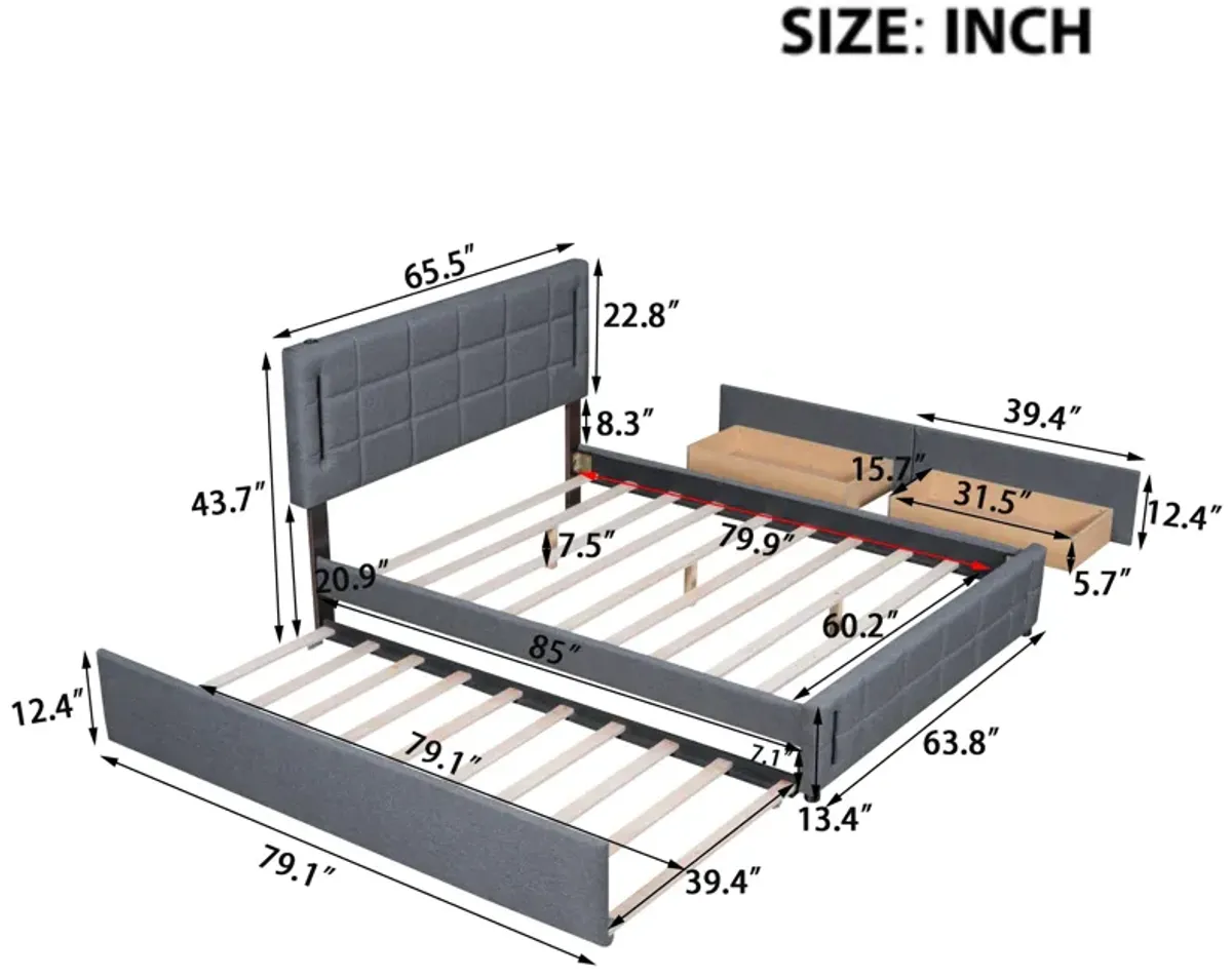 Merax Linen Platform Bed with Trundle and Drawers