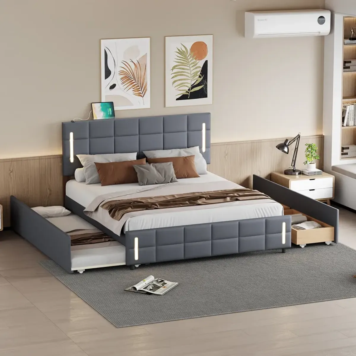 Merax Linen Platform Bed with Trundle and Drawers