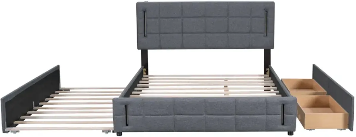 Merax Linen Platform Bed with Trundle and Drawers