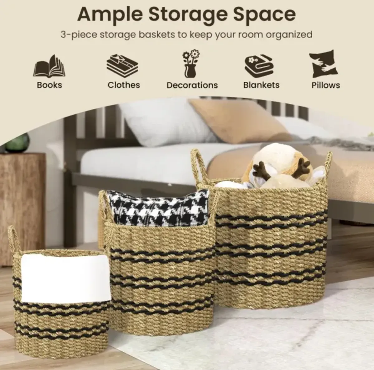 Hivvago Seagrass Basket Set of 3 Stackable Storage Bins with Handles Woven Round Basket