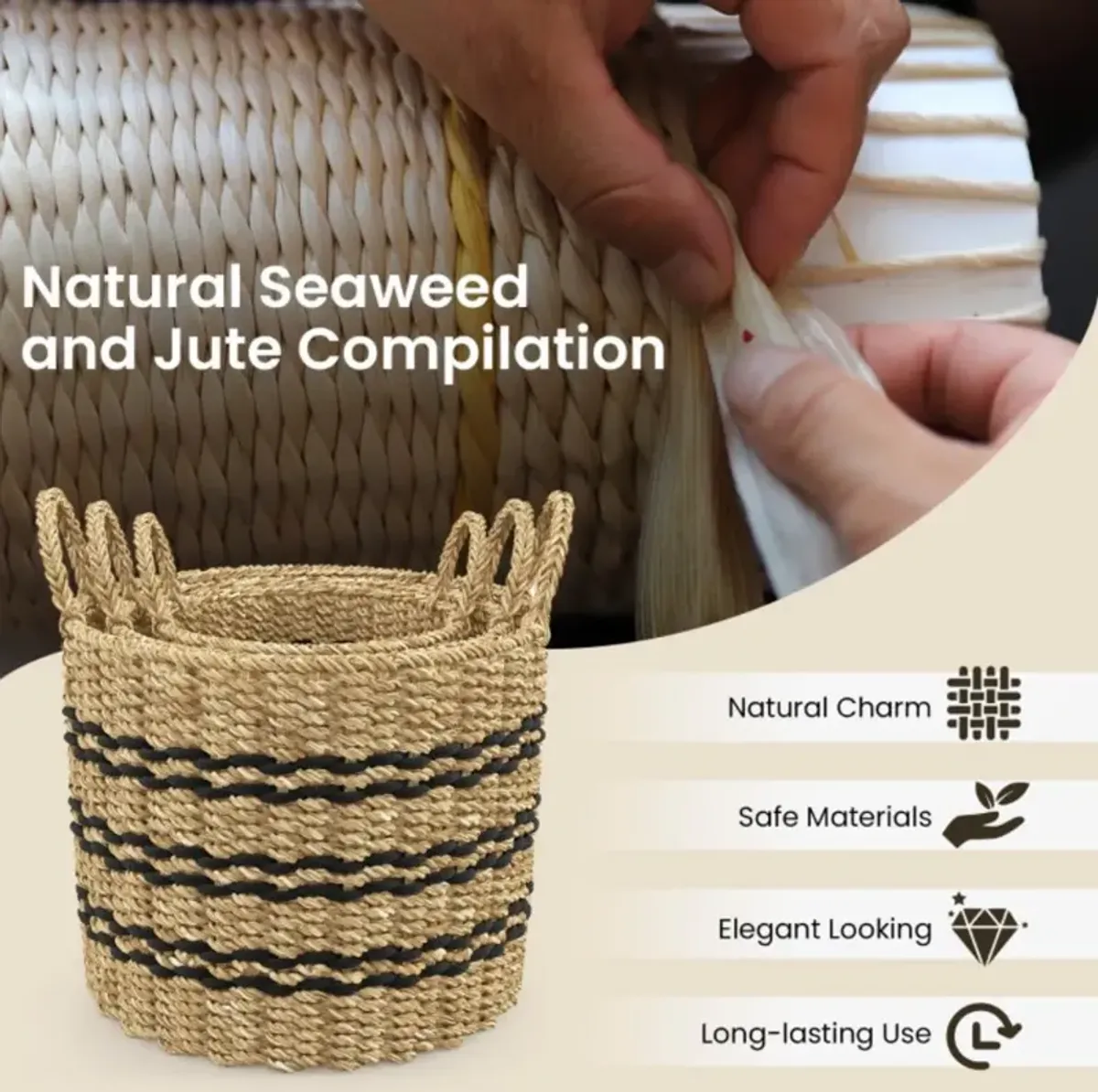 Hivvago Seagrass Basket Set of 3 Stackable Storage Bins with Handles Woven Round Basket