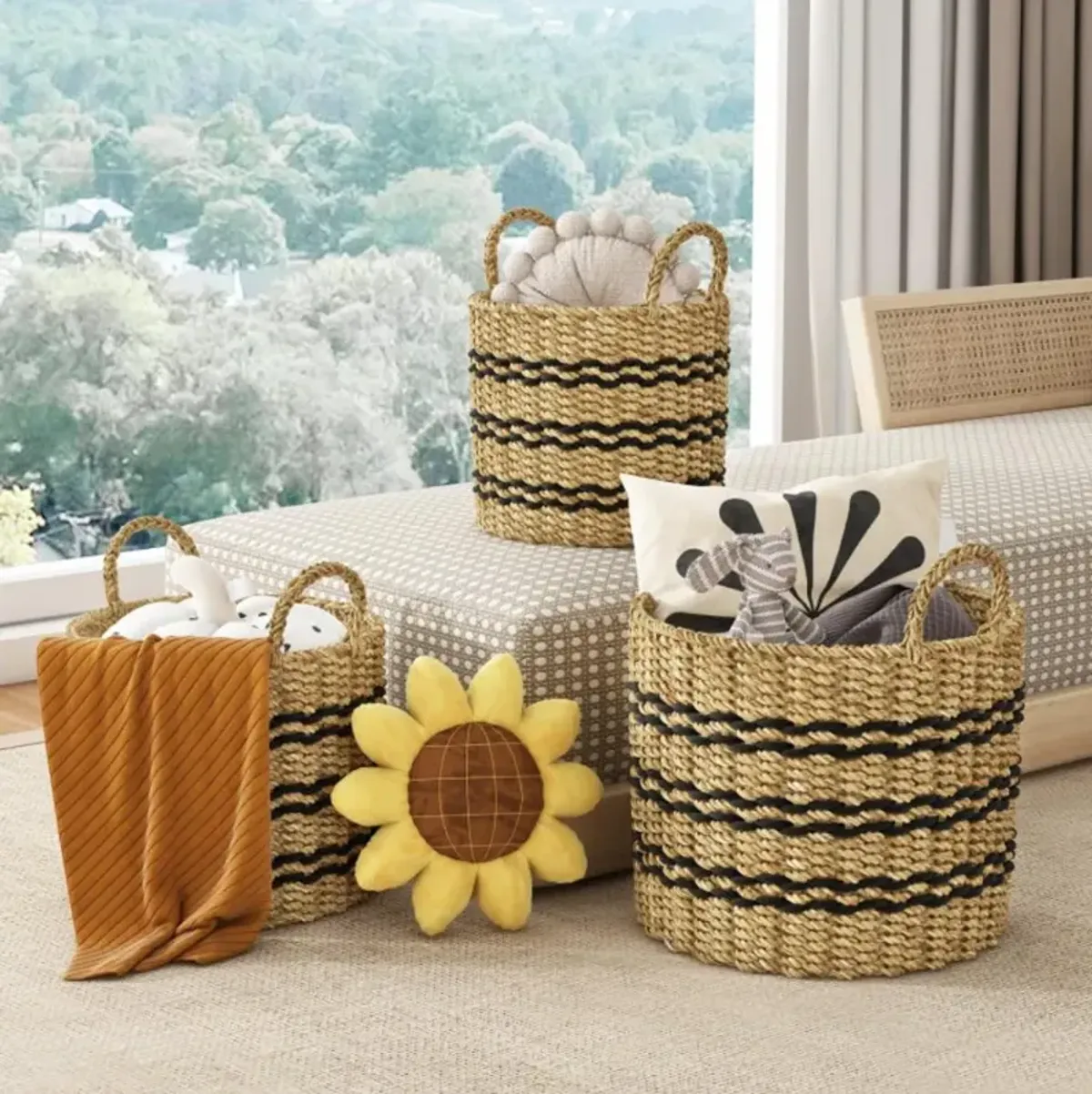 Hivvago Seagrass Basket Set of 3 Stackable Storage Bins with Handles Woven Round Basket