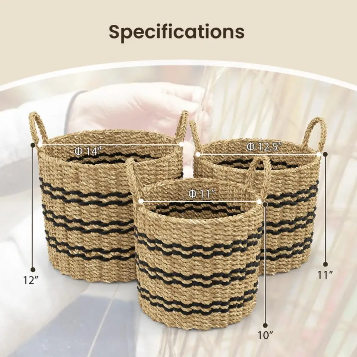 Hivvago Seagrass Basket Set of 3 Stackable Storage Bins with Handles Woven Round Basket