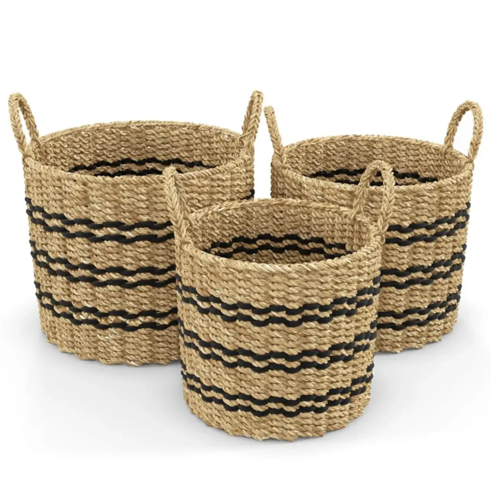 Hivvago Seagrass Basket Set of 3 Stackable Storage Bins with Handles Woven Round Basket