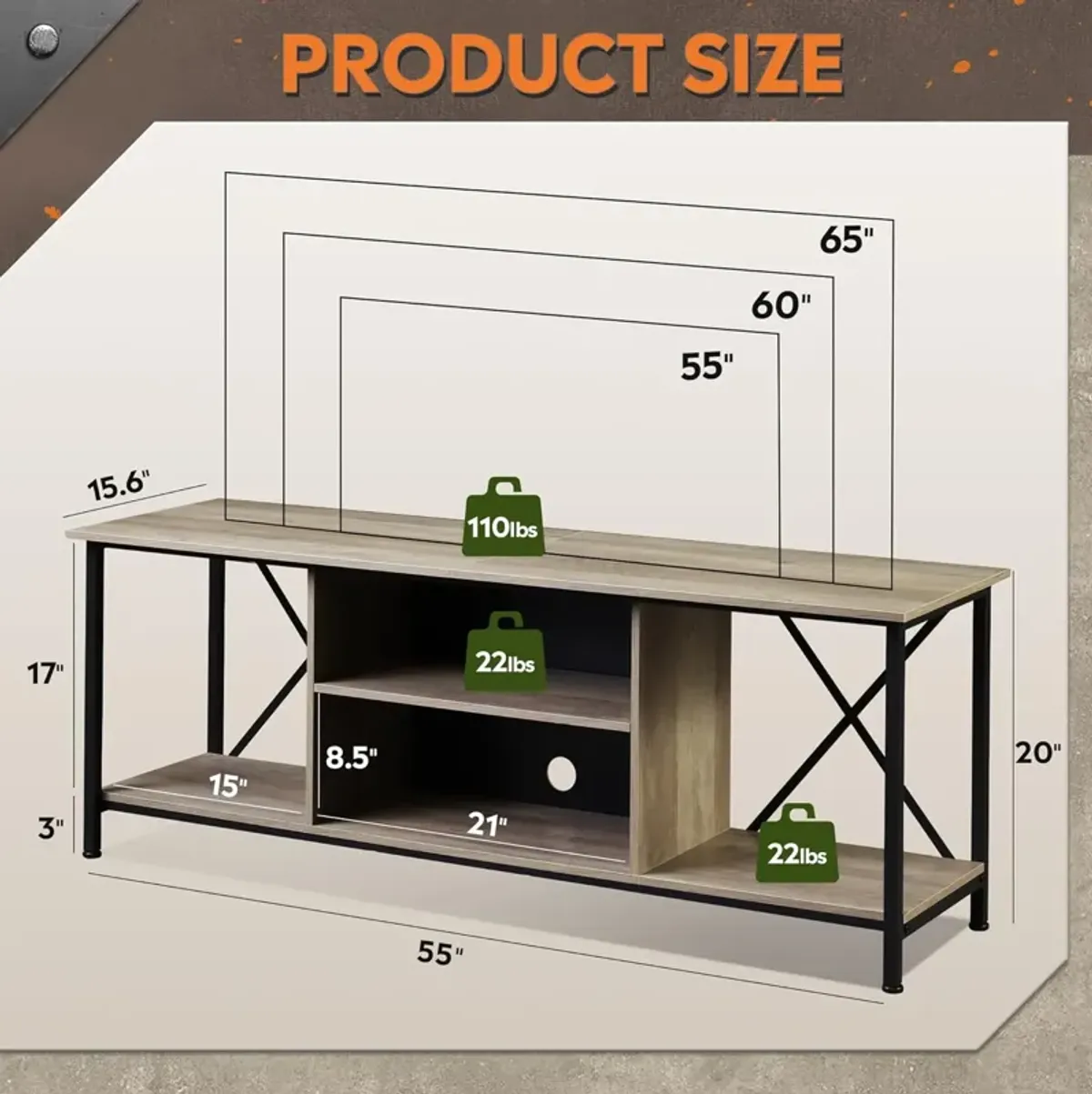 Greige Industrial TV Console with Open Storage Shelf