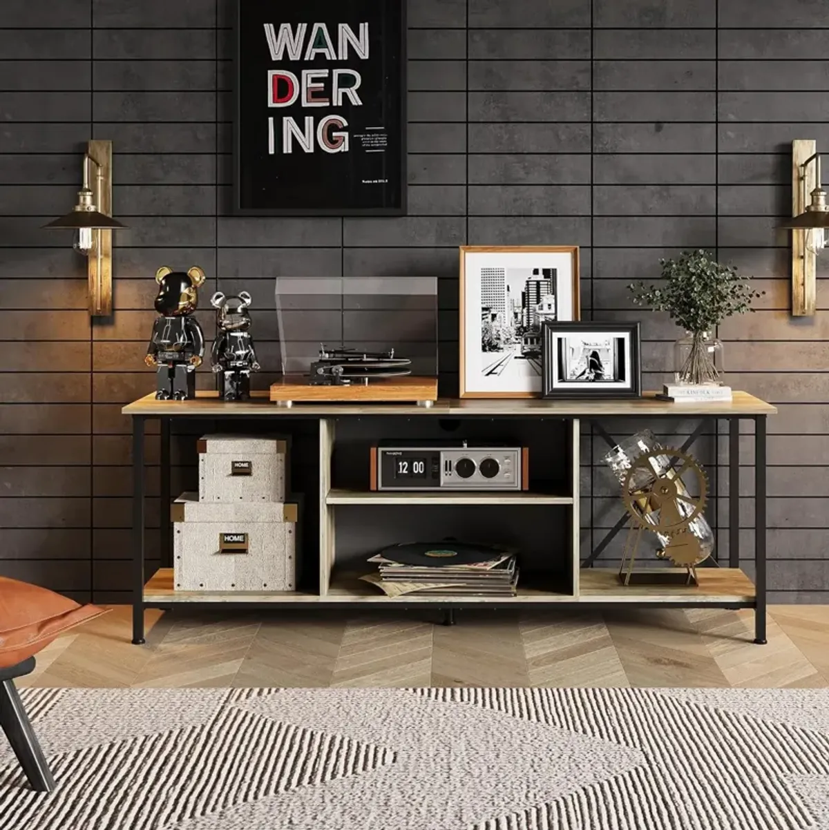 Greige Industrial TV Console with Open Storage Shelf