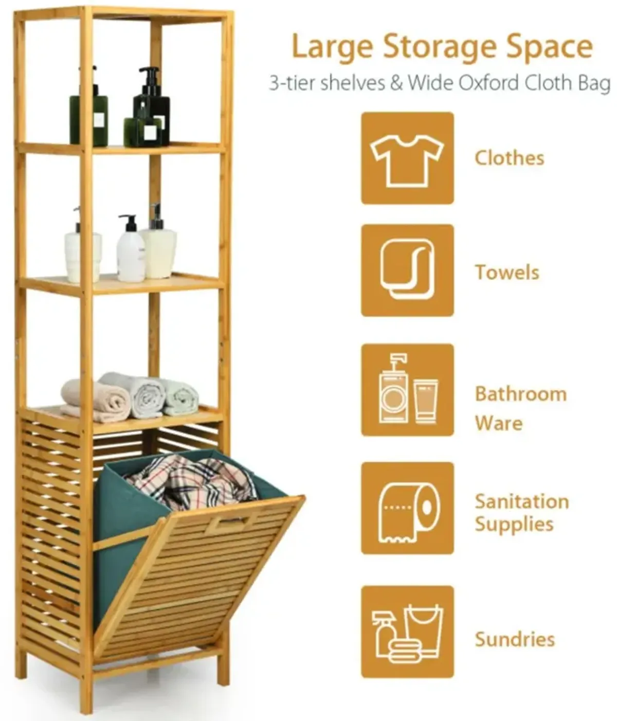 Hivvago Bamboo Tower Hamper Organizer with 3-Tier Storage Shelves