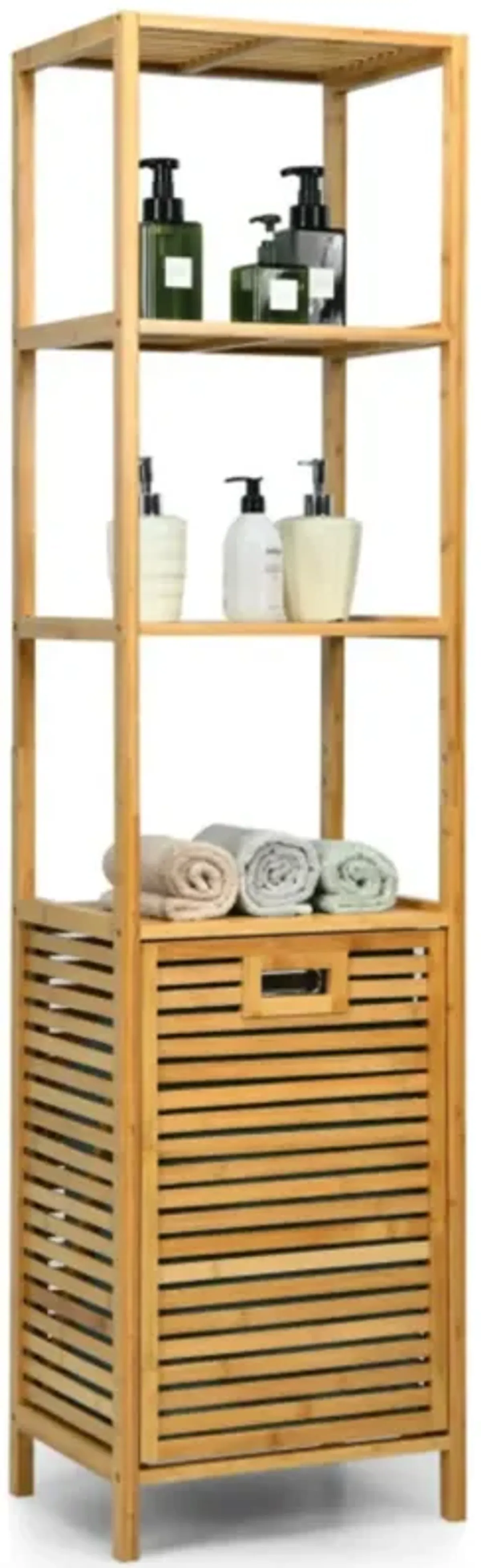 Hivvago Bamboo Tower Hamper Organizer with 3-Tier Storage Shelves