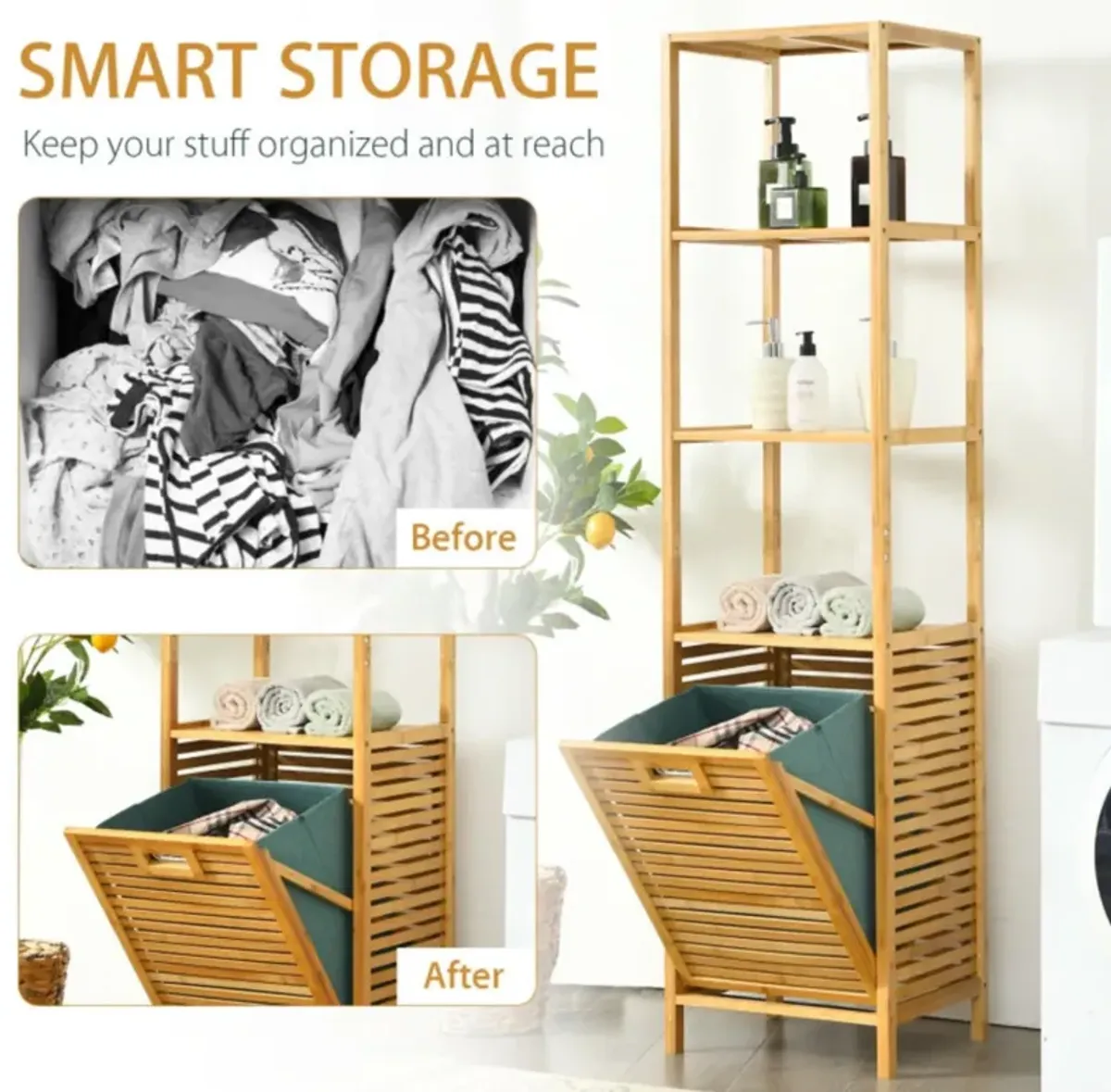 Hivvago Bamboo Tower Hamper Organizer with 3-Tier Storage Shelves