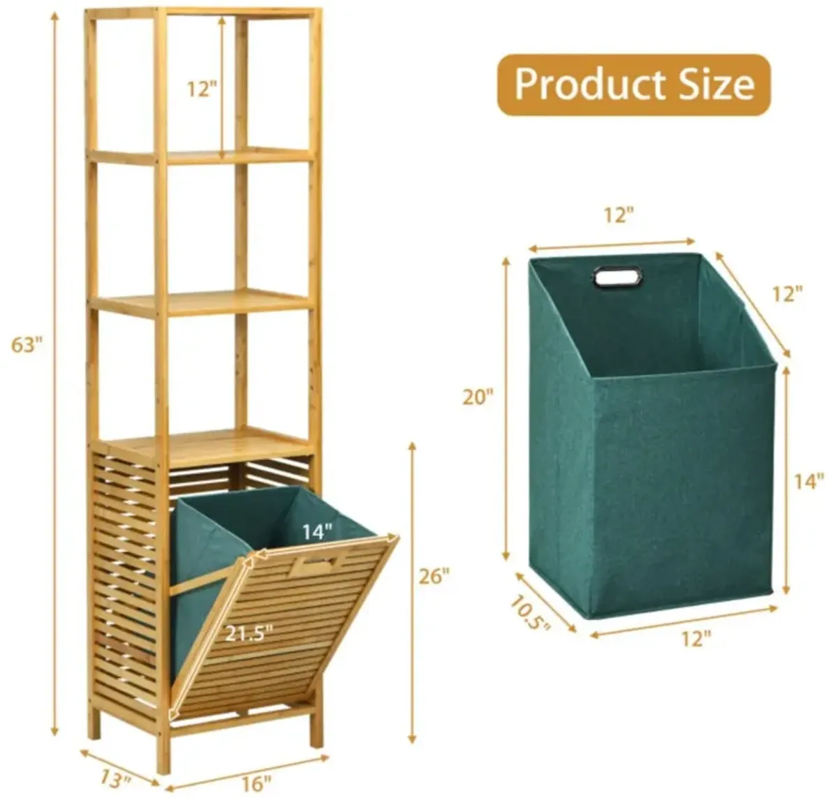 Hivvago Bamboo Tower Hamper Organizer with 3-Tier Storage Shelves