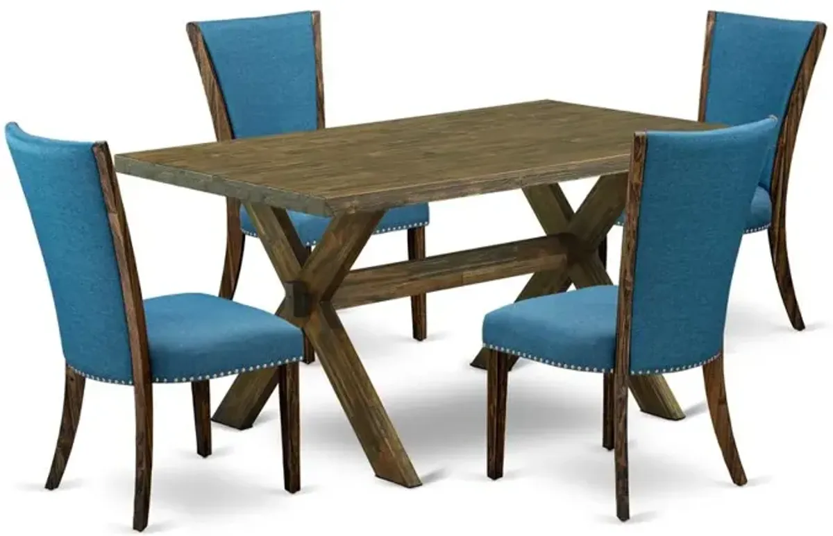 East West Furniture X776VE721-5 5Pc Dining Table set Includes a Dinette Table and 4 Parson Dining Chairs with Blue Color Linen Fabric, Distressed Jacobean Finish