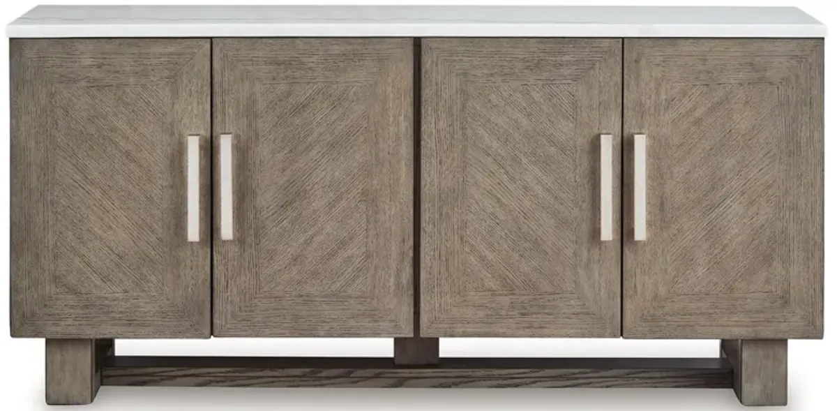 Loya TV Media Console, Grayish Brown Wood, White Marble Top, 68 Inch - Benzara