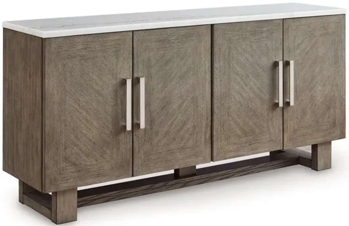 Loya TV Media Console, Grayish Brown Wood, White Marble Top, 68 Inch - Benzara