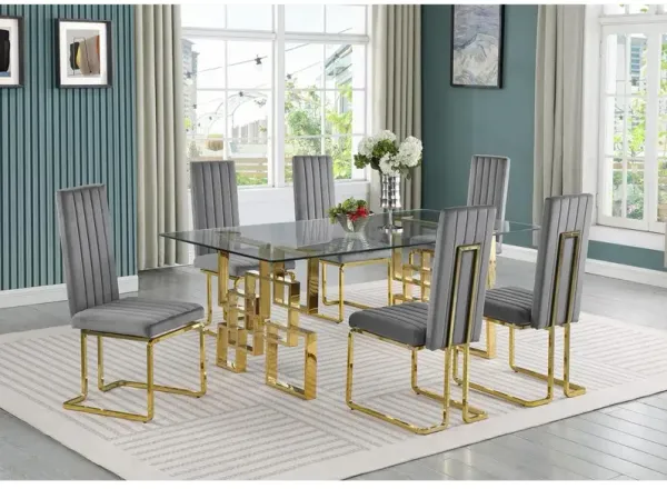 7-piece glam dining set with 6 dark grey chairs and one 79" glass  table