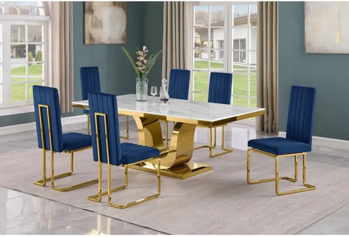 7pc Large(76") marble top dining set with gold base and 6 Navy blue chairs