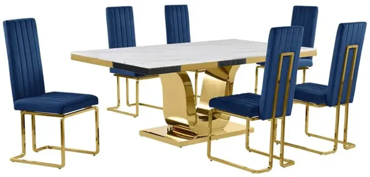 7pc Large(76") marble top dining set with gold base and 6 Navy blue chairs
