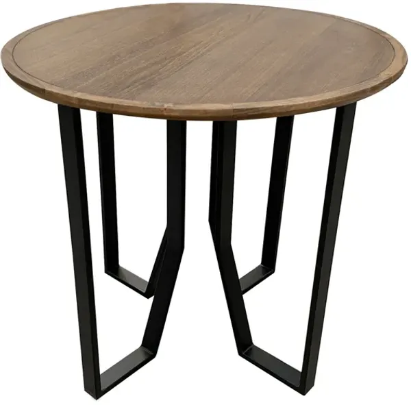 Rina Side End Table, 26 Inch Round Brown Solid Wood, Black Metal Frame