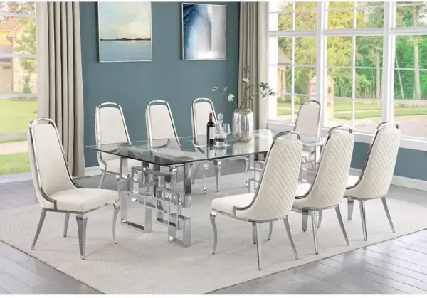 9-piece glam dining set with 8 Cream side chairs and one 95" glass dining table