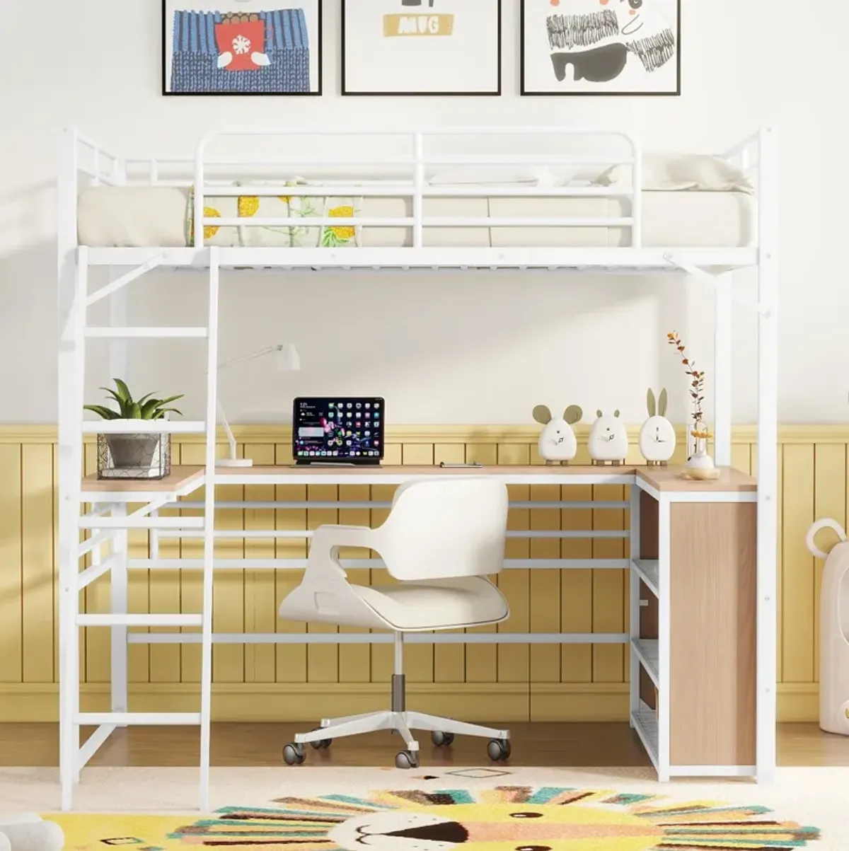 Merax Metal Loft Bed with L-shaped Desk