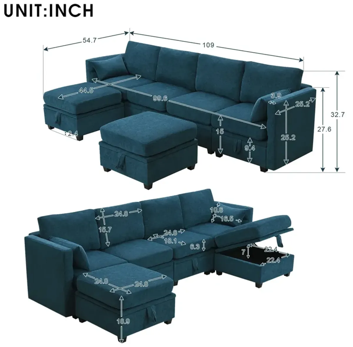 MONDAWE Chenille Modular Sectional Sofa,U Shaped Couch with Adjustable Armrests and Backrests,6 Seat Reversible Sofa Bed with Storage Seats for Living Room, Apartment