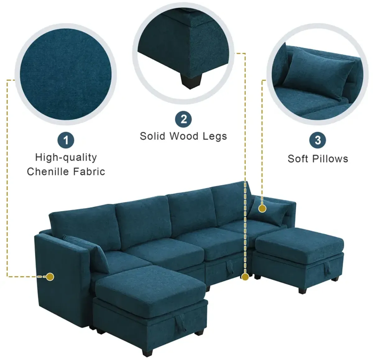 MONDAWE Chenille Modular Sectional Sofa,U Shaped Couch with Adjustable Armrests and Backrests,6 Seat Reversible Sofa Bed with Storage Seats for Living Room, Apartment