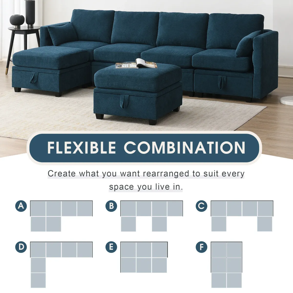 MONDAWE Chenille Modular Sectional Sofa,U Shaped Couch with Adjustable Armrests and Backrests,6 Seat Reversible Sofa Bed with Storage Seats for Living Room, Apartment