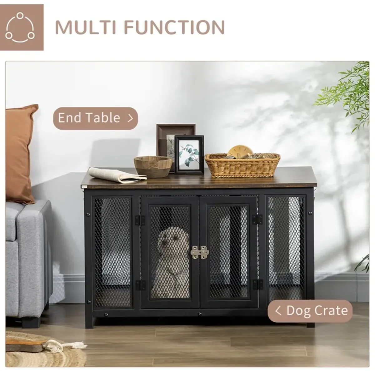 Brown/Black Pet Crate: Large Dog Furniture with Spacious Interior